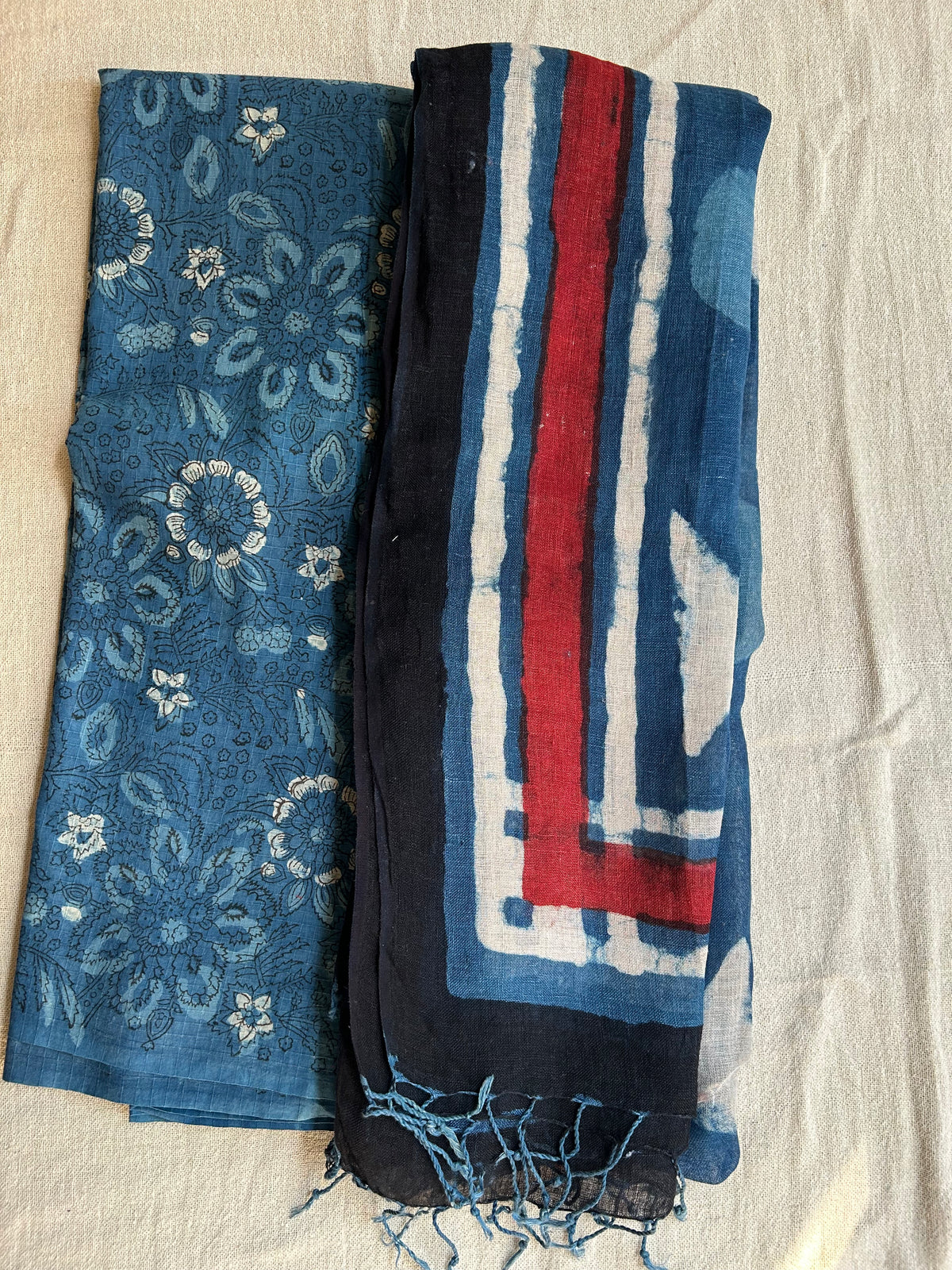 Indigo Floral Block Print Unstitched Suit Set | Cotton Kurta, Cotton Pants & Linen Dupatta