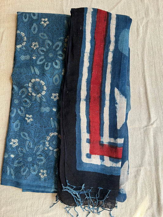 Indigo Floral Block Print Unstitched Suit Set | Cotton Kurta, Cotton Pants & Linen Dupatta