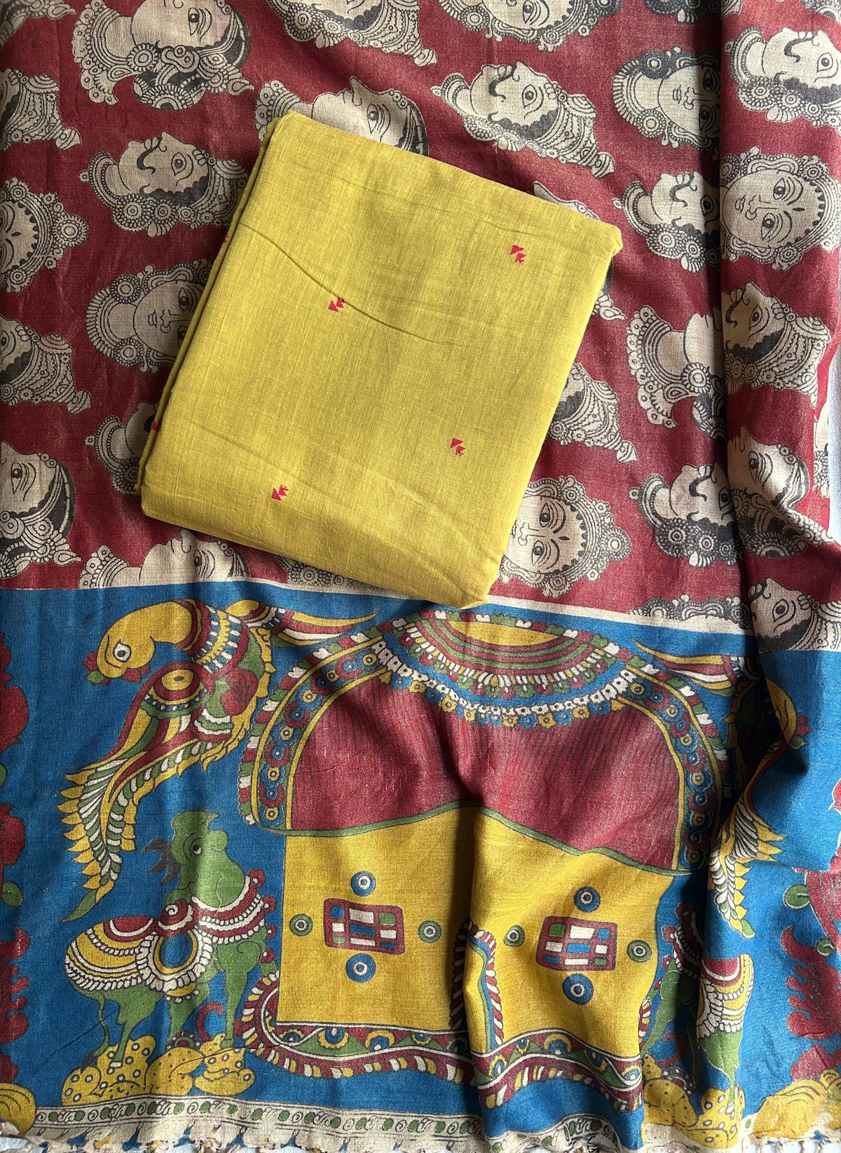 Mustard Mangalgiri Handloom Suit Set with Kalamkari Dupatta