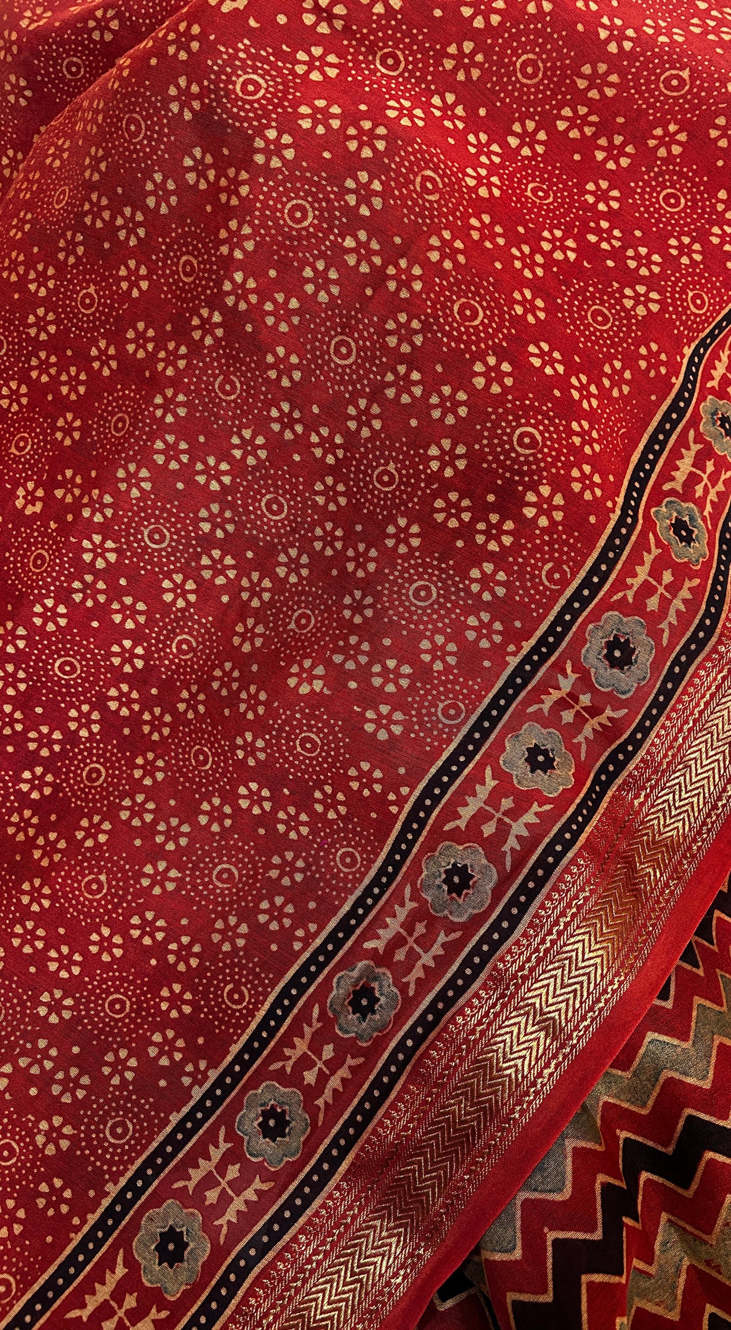 LEHER — Red Chevron Ajrakh Hand Block Printed Maheshwari Saree