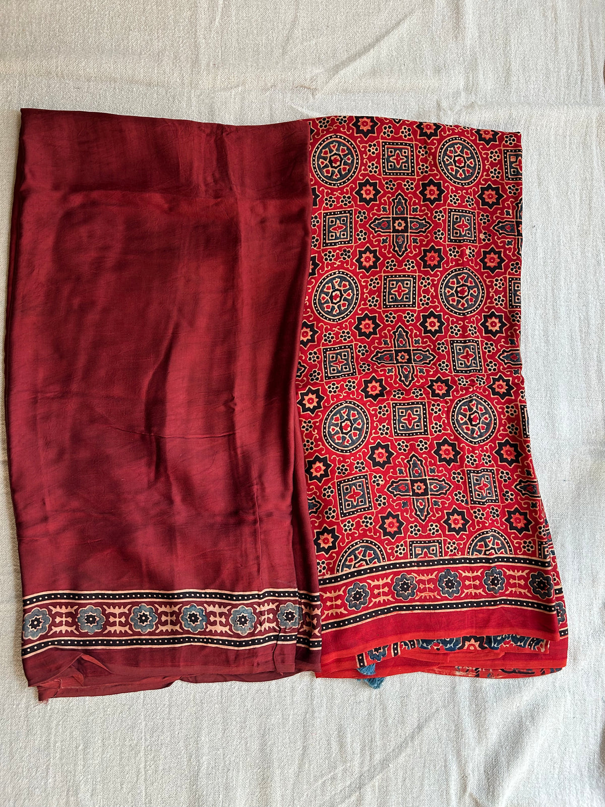 Red Ajrakh Modal Silk Unstitched Suit Set | Kurta Fabric with Border & Dupatta