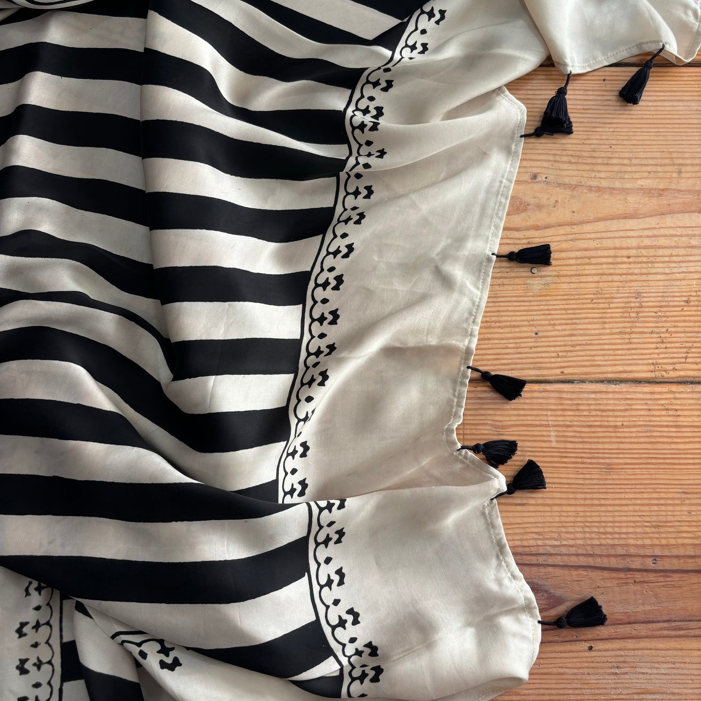 Black & Beige Stripes Ajrakh Hand Block Printed Modal Silk Saree - Earthy Blocks