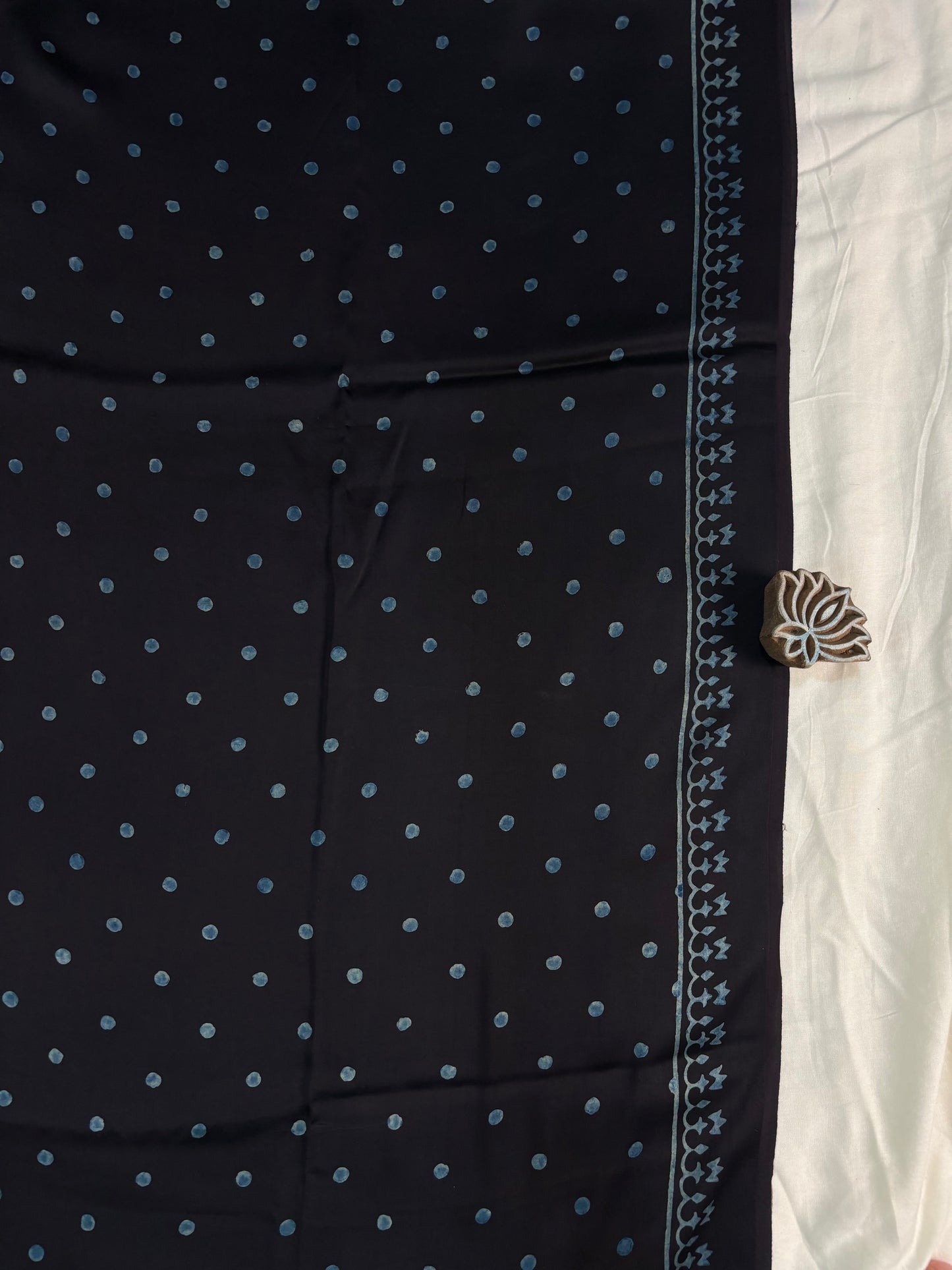 Black & Blue Polka Dots Ajrakh Hand Block Printed Saree - Earthy Blocks