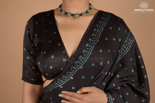 Black & Blue Polka Dots Ajrakh Hand Block Printed Saree - Earthy Blocks