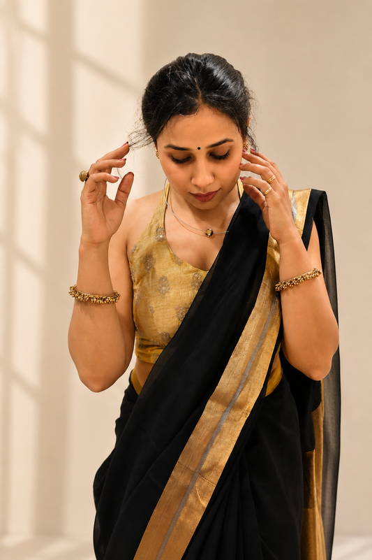 SHYAMA — Classic Black Plain Chanderi Silk Cotton Saree
