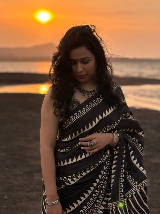 Black Ajrakh Hand Block Printed Modal Silk Saree - Earthy Blocks