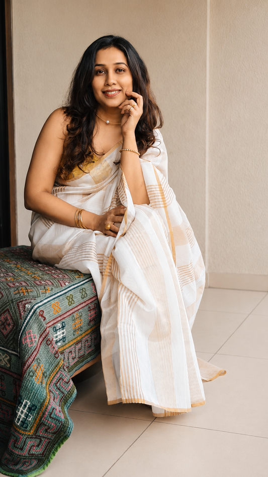 CHANDNI Ivory White Gold Stripe Chanderi Silk Cotton Saree - Earthy Blocks