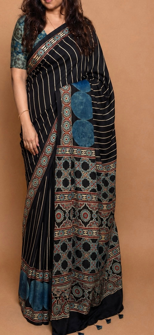 CHAAND — Black Ajrakh Modal Silk Saree | Hand Block Printed | Natural Dyes | Kutch Artisans