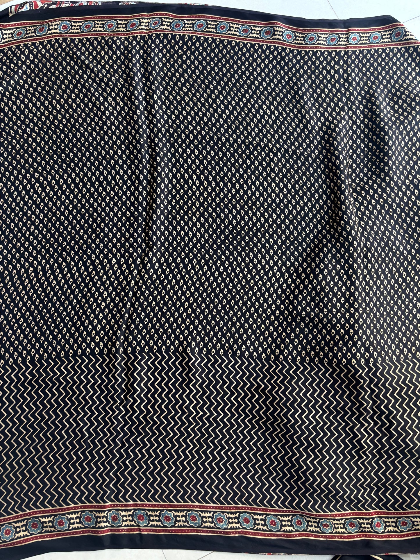 CHAAND — Black Ajrakh Modal Silk Saree | Hand Block Printed | Natural Dyes | Kutch Artisans