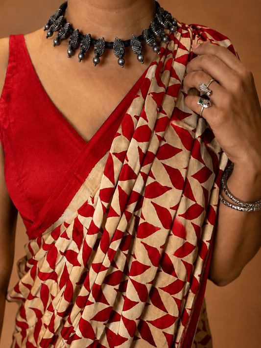 INFINITY — Red & Beige Ajrakh Geometric Hand Block Printed Modal Silk Saree