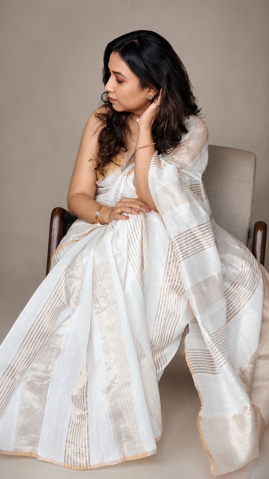 CHANDNI Ivory White Gold Stripe Chanderi Silk Cotton Saree - Earthy Blocks