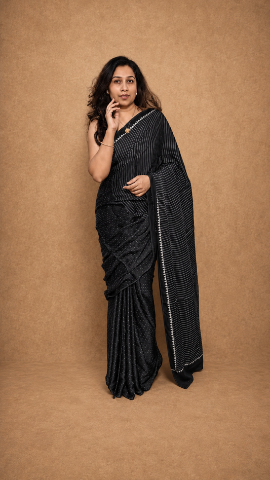 RAI DANA Black & Beige Ajrakh Modal Silk Saree - Earthy Blocks