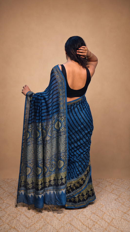 NEEL REKHA — Indigo & Black Stripes Ajrakh Hand Block Printed Chanderi Silk Saree