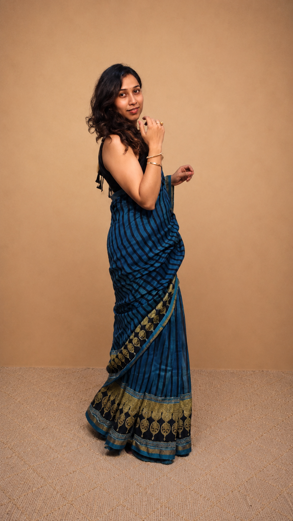 NEEL REKHA — Indigo & Black Stripes Ajrakh Hand Block Printed Chanderi Silk Saree