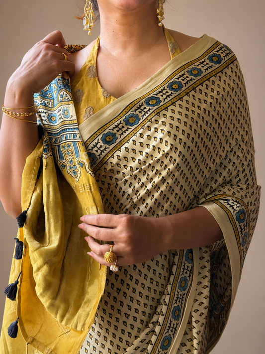 CHAANDNI Cream Ajrakh Buti Modal Silk Saree with Tissue Pallu - Earthy Blocks