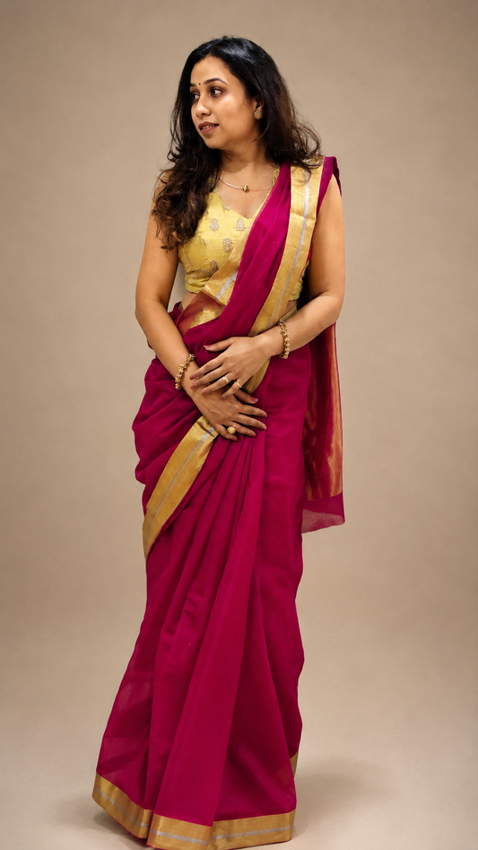 MEETHA Rani Pink Plain Chanderi Silk Cotton Saree - Earthy Blocks