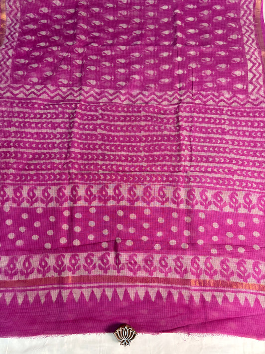 Pink Dabu Hand Block Printed Kota Doria Saree - Earthy Blocks