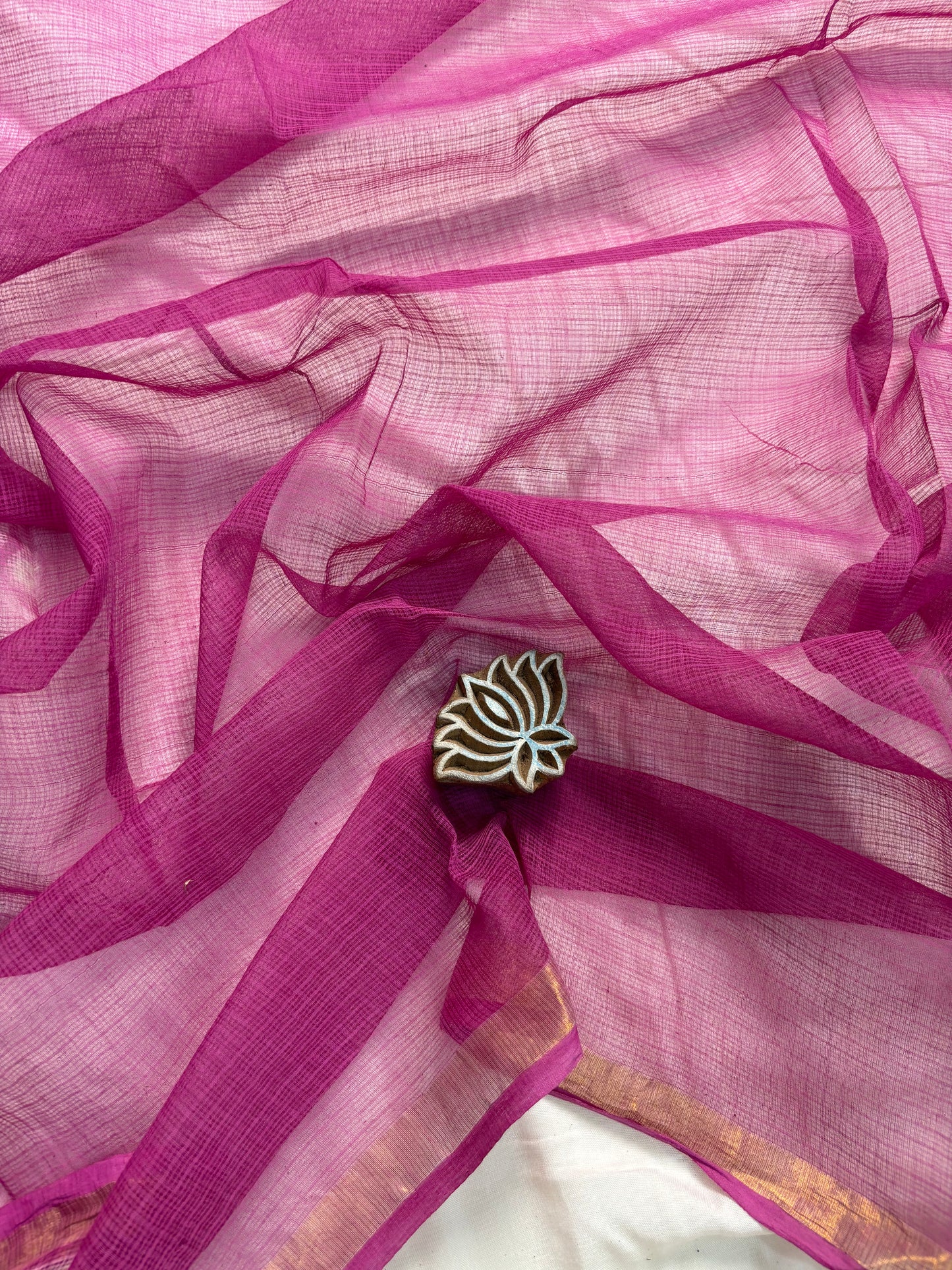 Pink Dabu Hand Block Printed Kota Doria Saree - Earthy Blocks