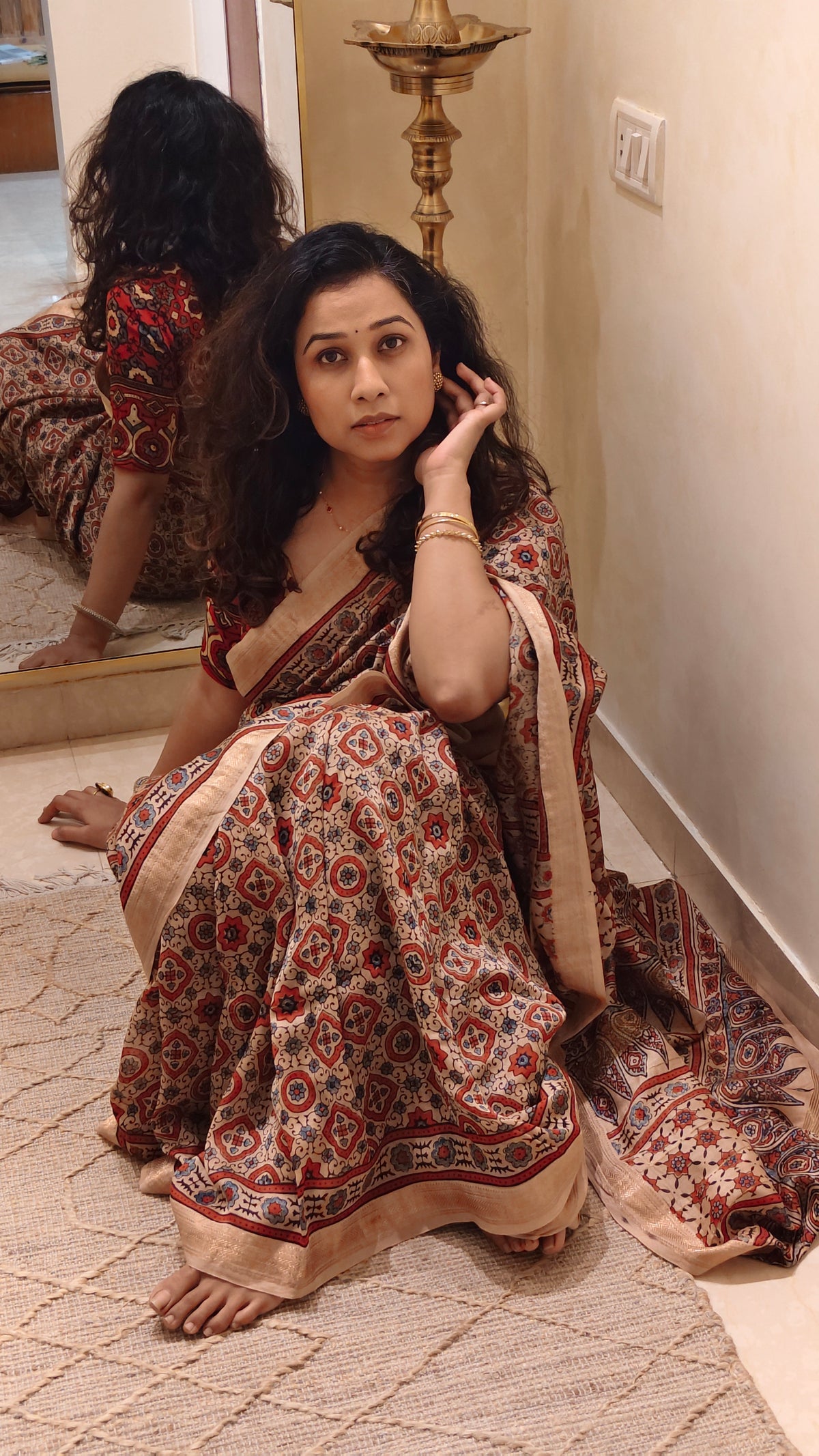 Jaal — Floral Ajrakh Hand Block Printed Maheshwari Silk Saree