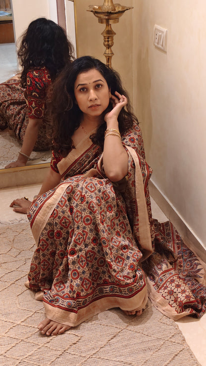 Jaal — Floral Ajrakh Hand Block Printed Maheshwari Silk Saree