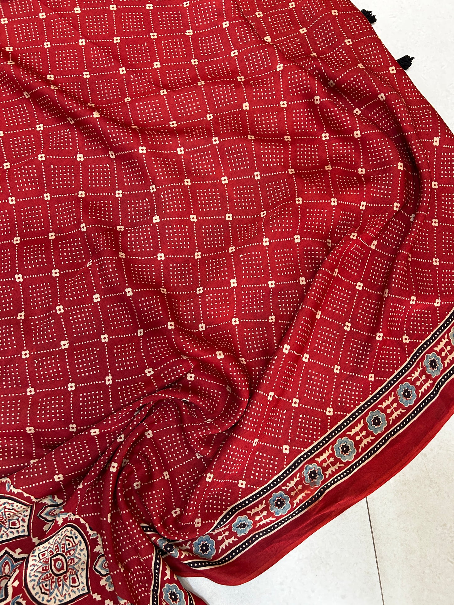 BADAM Red Ajrakh Hand Block Printed Modal Silk Saree - Earthy Blocks