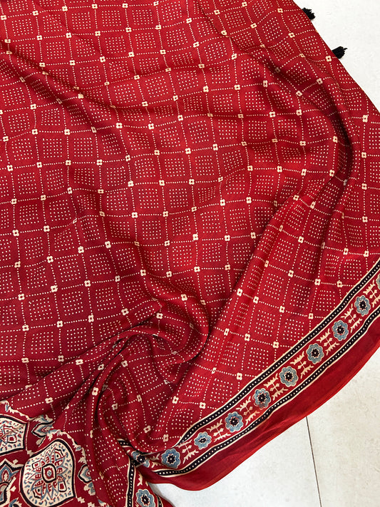 BADAM Red Ajrakh Hand Block Printed Modal Silk Saree - Earthy Blocks