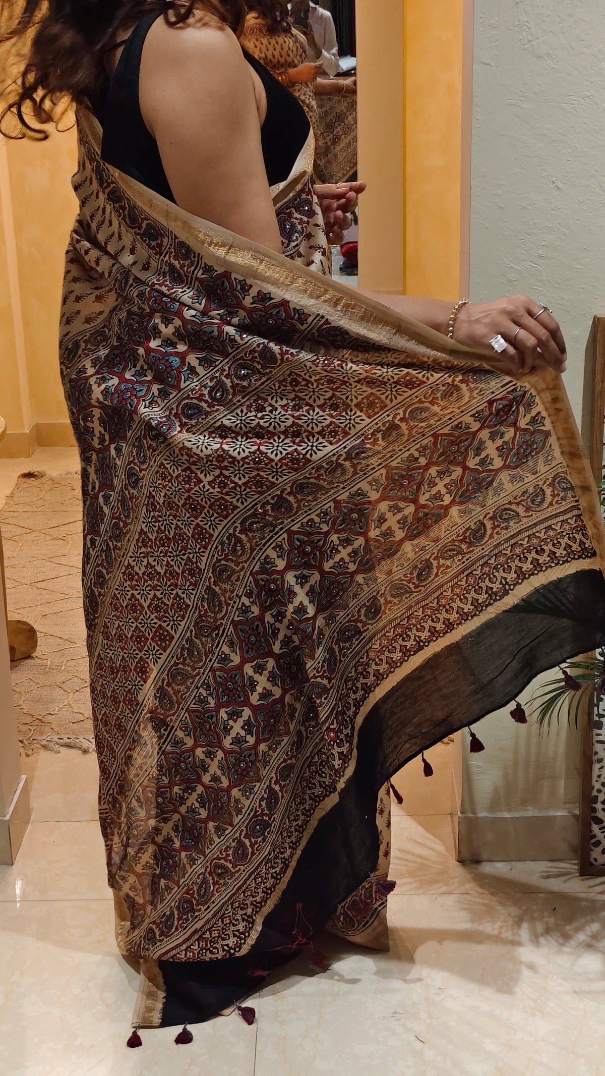 Beige Chanderi Ajrakh hand block printed saree with hand-worked badla | Earthy Blocks