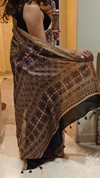 Beige Chanderi Ajrakh hand block printed saree with hand-worked badla | Earthy Blocks
