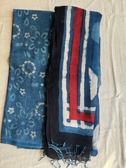 Indigo Floral Block Print Unstitched Suit Set | Cotton Kurta, Cotton Pants & Linen Dupatta