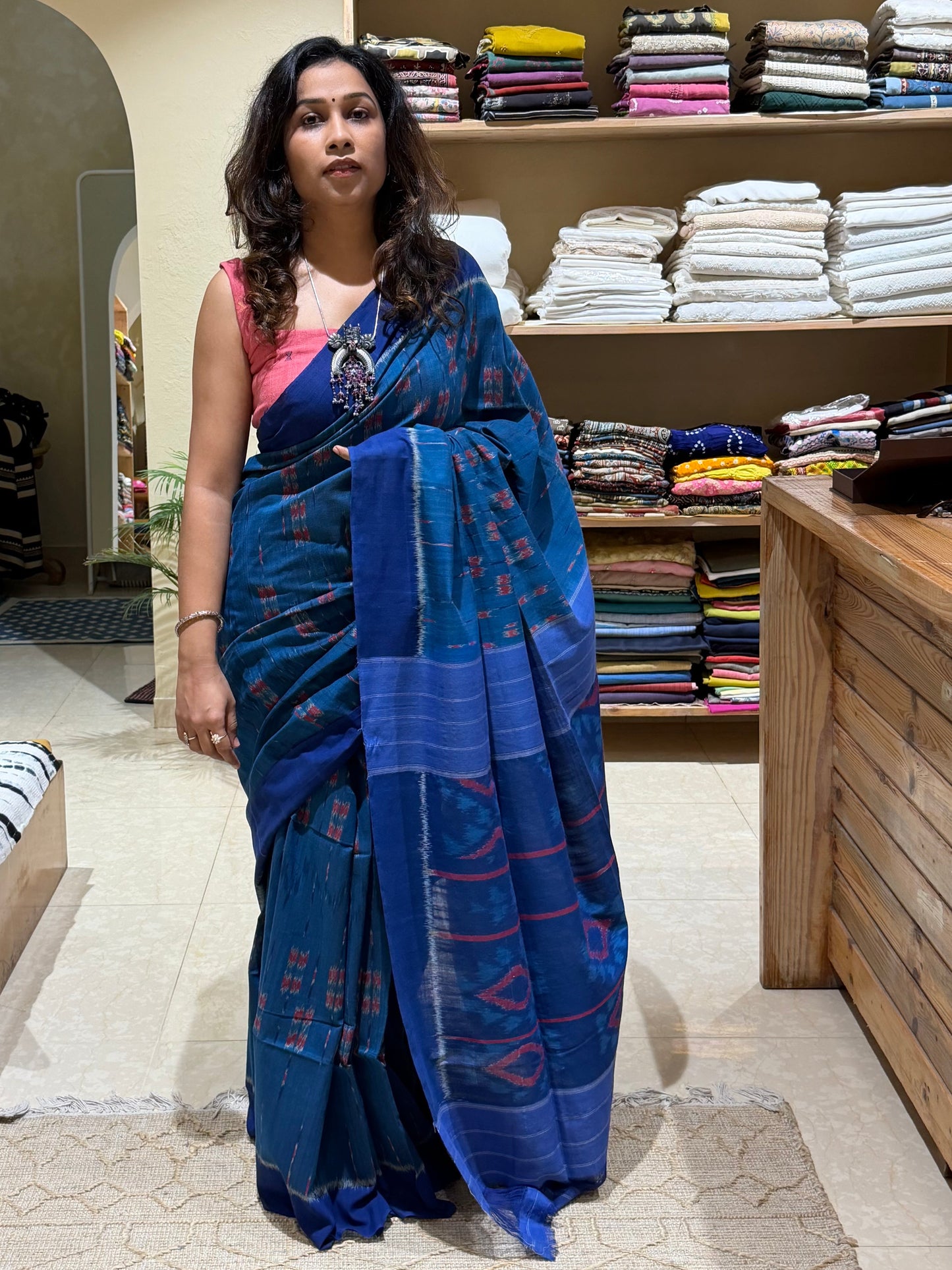 Indigo Cotton Handloom Ikkat Saree