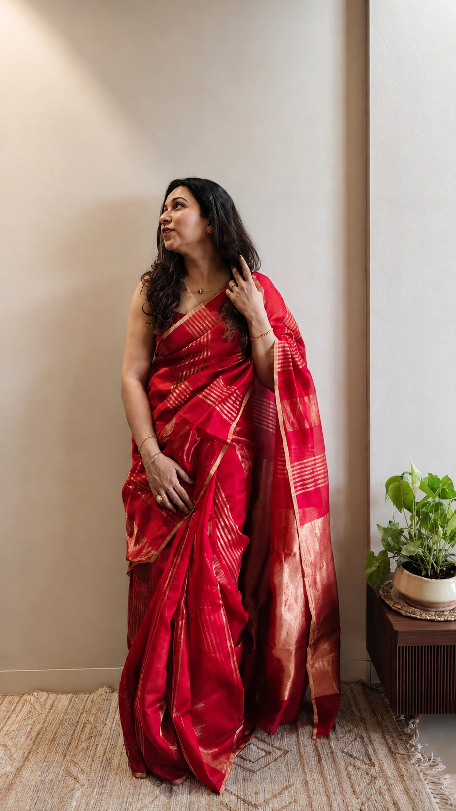 ANAR — Ruby Red Gold Stripe Chanderi Silk Cotton Saree