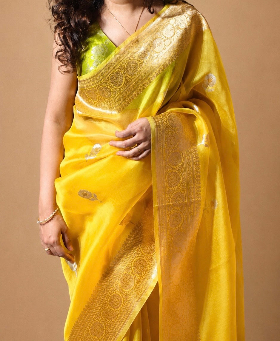 HALDI — Sunshine Yellow Organza Banarasi Silk Saree