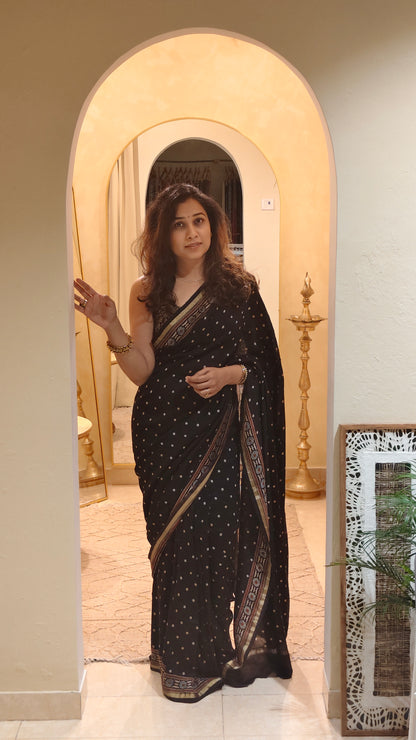 Bindu —Black polka dots Ajrakh Hand Block Printed Chanderi Saree