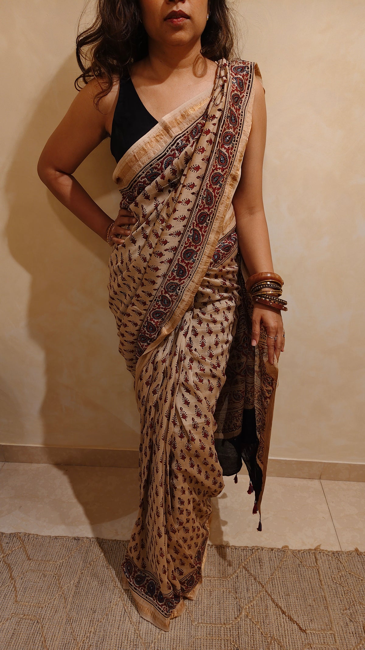 Beige Chanderi Ajrakh hand block printed saree with hand-worked badla | Earthy Blocks
