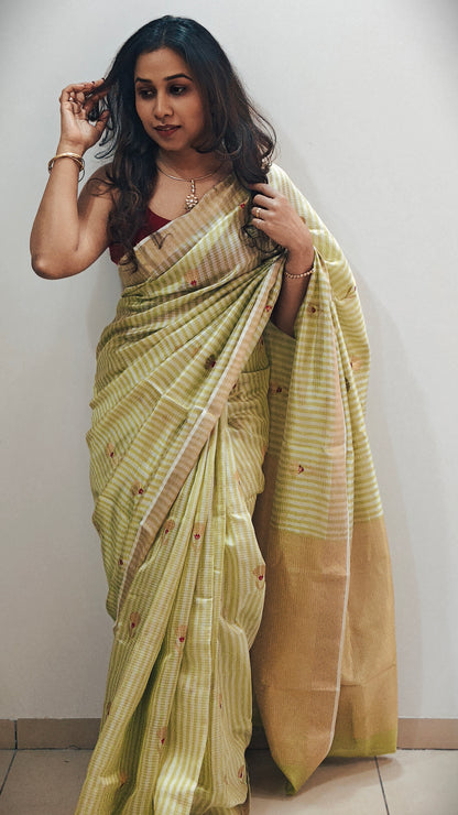 NEEM — Lime Green Silver Stripe Chanderi Silk Saree
