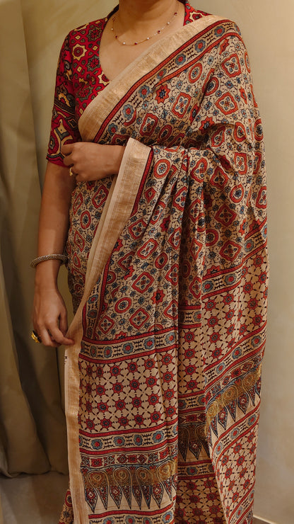 Jaal — Floral Ajrakh Hand Block Printed Maheshwari Silk Saree