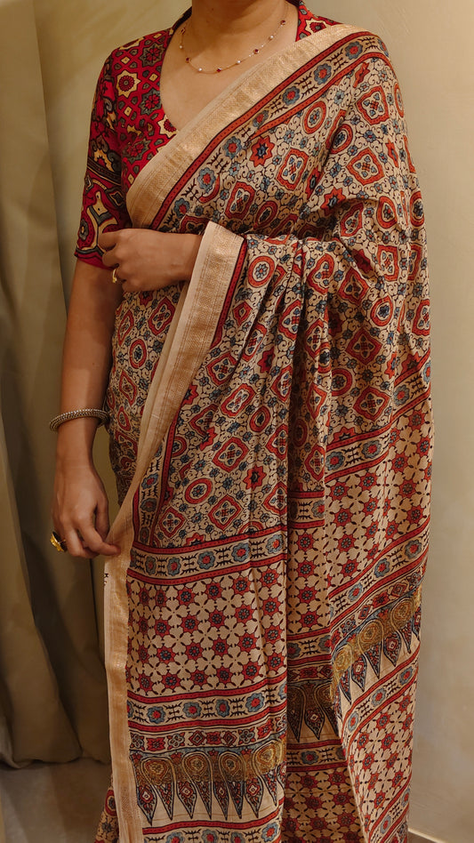 Jaal — Floral Ajrakh Hand Block Printed Maheshwari Silk Saree