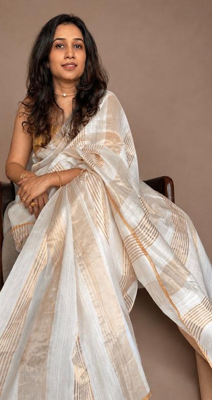 CHANDNI — Ivory White Gold Stripe Chanderi Silk Cotton Saree