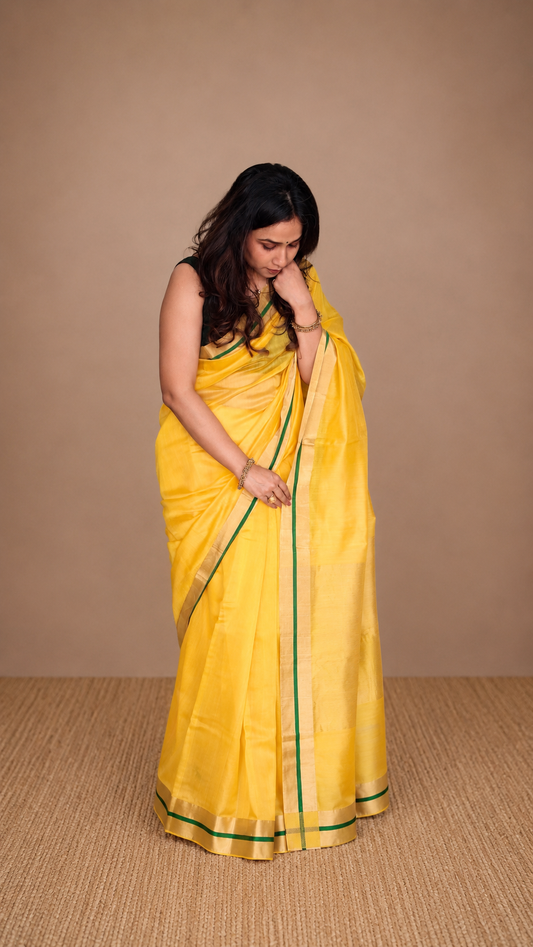 DHOOP — Sunshine Yellow Plain Chanderi Silk Cotton Saree
