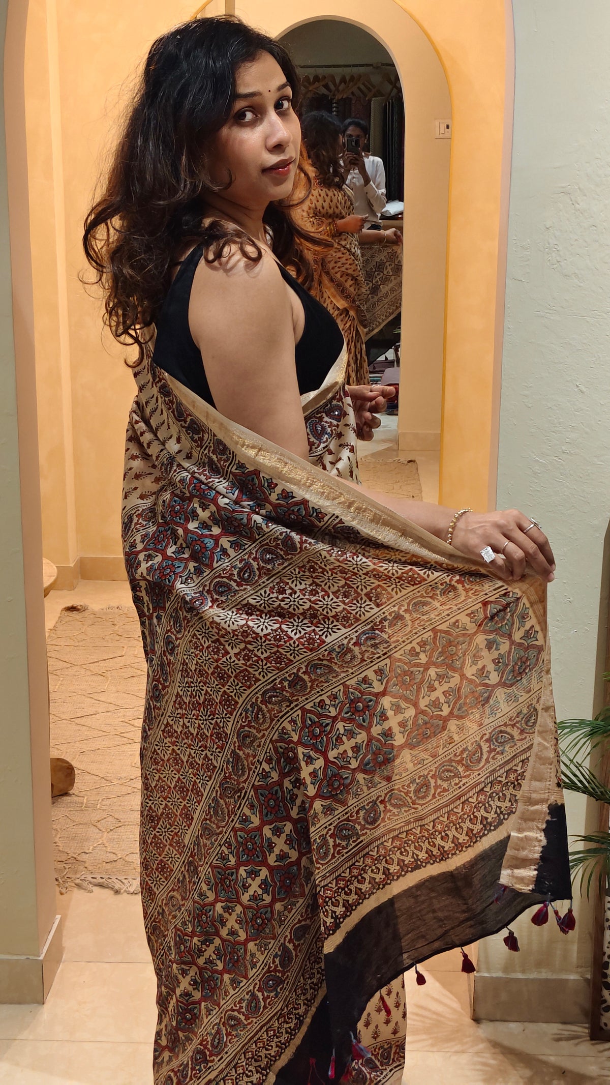Beige Chanderi Ajrakh hand block printed saree with hand-worked badla | Earthy Blocks