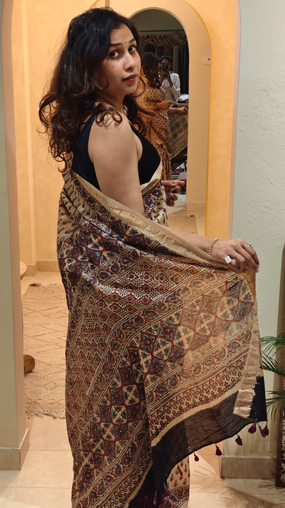 Beige Chanderi Ajrakh hand block printed saree with hand-worked badla | Earthy Blocks