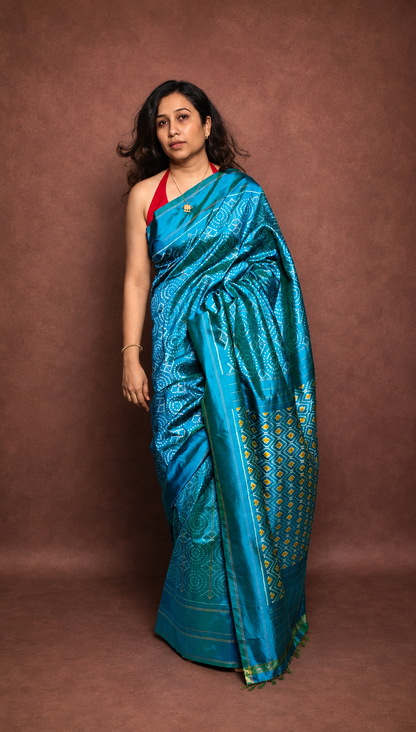 MEGHA — Teal Ikat Handloom Mulberry Silk Saree