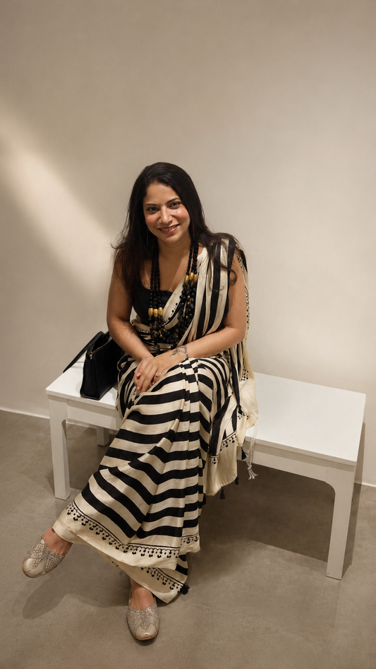 COAL DUNES Black & Beige Stripes Ajrakh Hand Block Printed Modal Silk Saree - Earthy Blocks