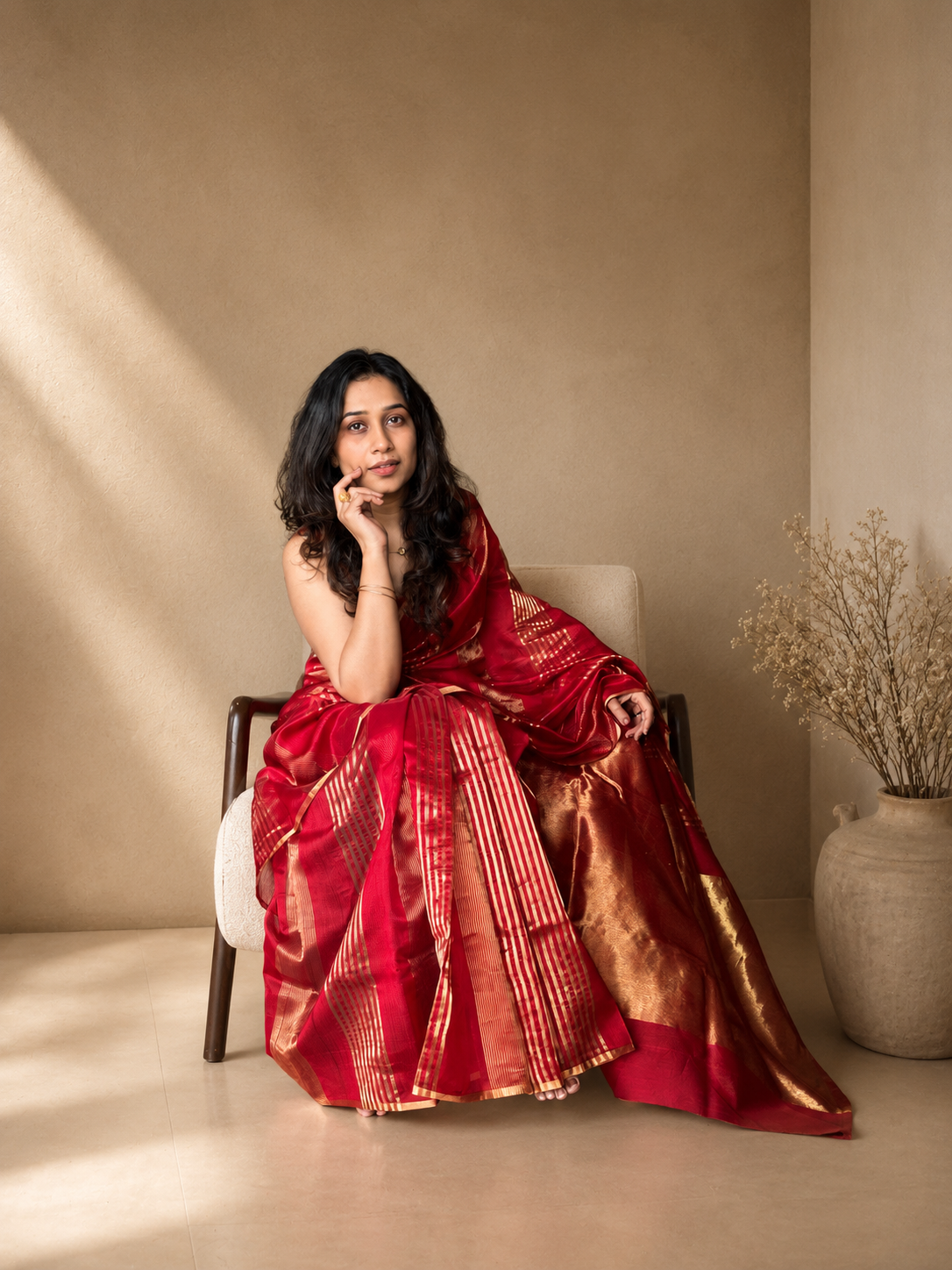 ANAR — Ruby Red Gold Stripe Chanderi Silk Cotton Saree
