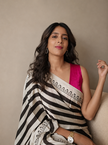 COAL DUNES Black & Beige Stripes Ajrakh Hand Block Printed Modal Silk Saree - Earthy Blocks