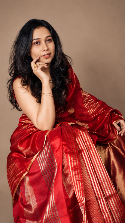 ANAR — Ruby Red Gold Stripe Chanderi Silk Cotton Saree