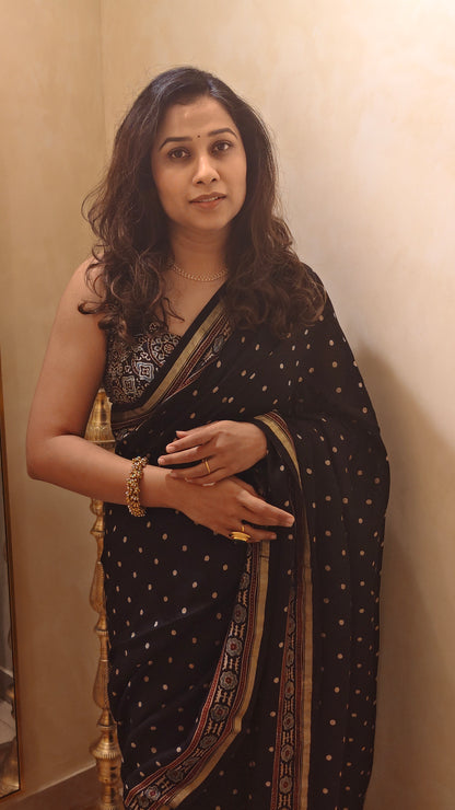 Bindu —Black polka dots Ajrakh Hand Block Printed Chanderi Saree