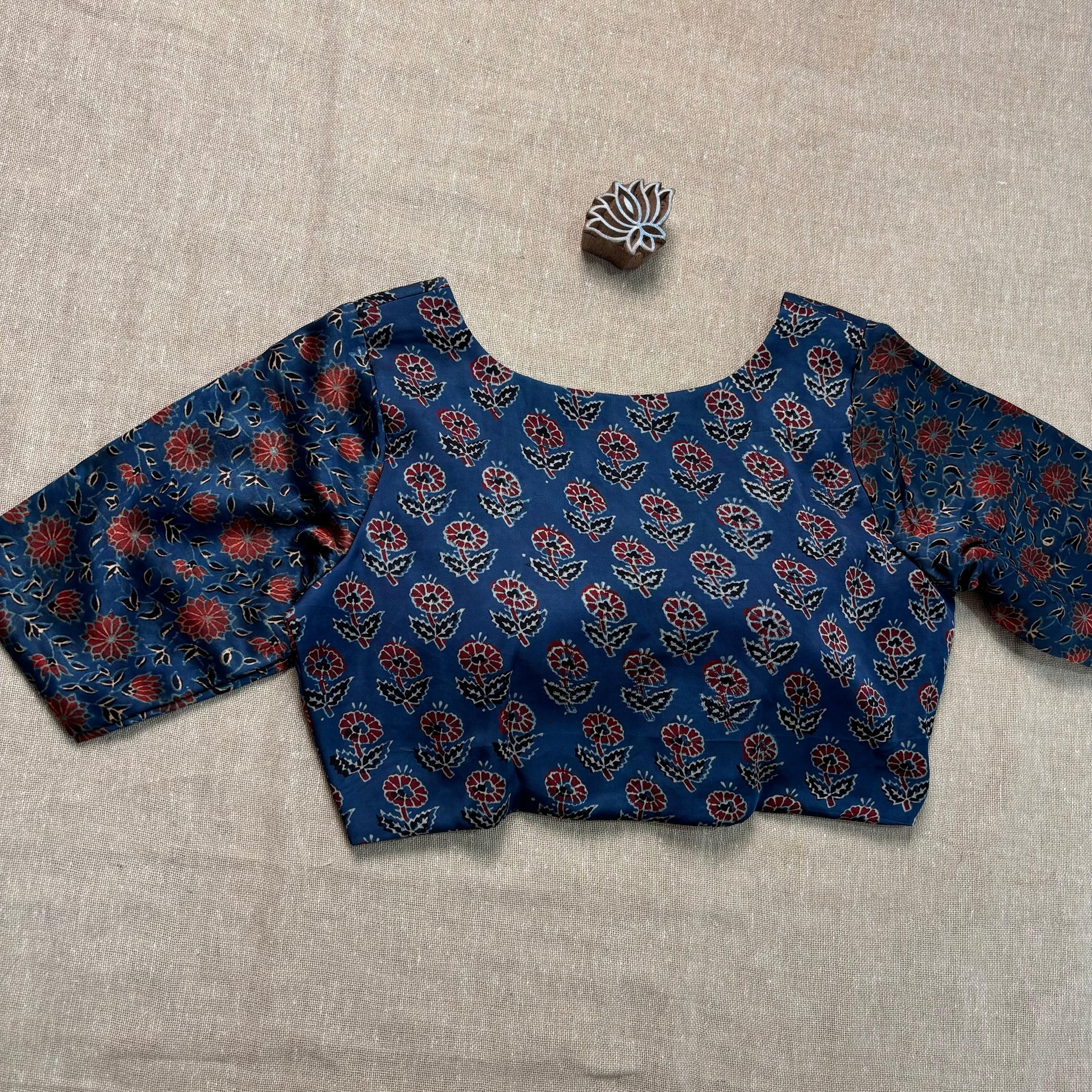 Indigo Floral Printed Ajrakh Modal Silk Blouse - Earthy Blocks