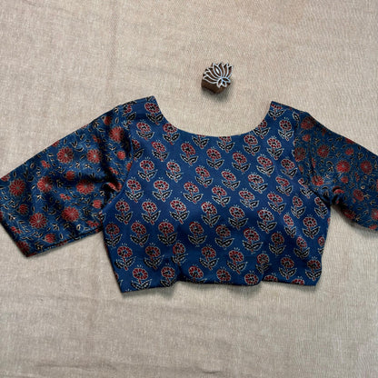 Indigo Floral Printed Ajrakh Modal Silk Blouse - Earthy Blocks