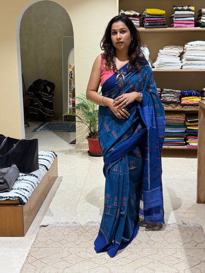 Indigo Cotton Handloom Ikkat Saree